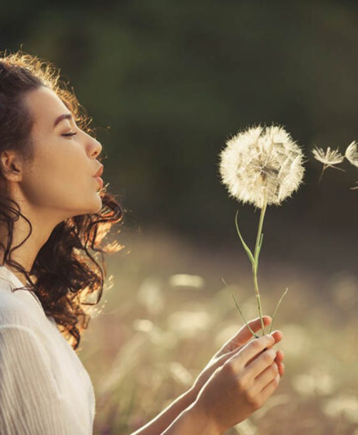 Beautiful Young Woman sitting on the field in green grass and blowing dandelion. Outdoors. Enjoy Nature. Healthy Smiling Girl on summer lawn. Allergy free concept. Gorgeous slim mixed race Caucasian Asian model posing on holidays. Side view